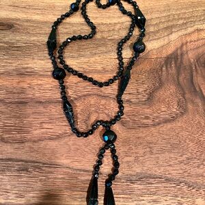 Victorian Black Jet Bead Necklace Long 30" Lariat Tassels   Mourning Jewelry